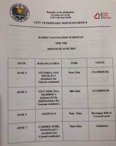 FREE RABIES VACCINATION SCHEDULE FOR THE MONTH OF JUNE 2019 | Bacoor