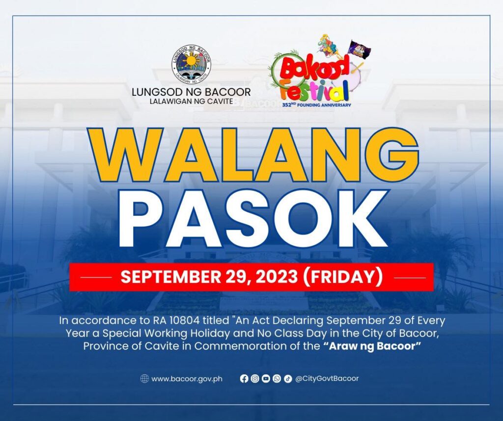 OFFICIAL ANNOUNCEMENT: #WalangPasok | September 29, 2023 | Bacoor ...