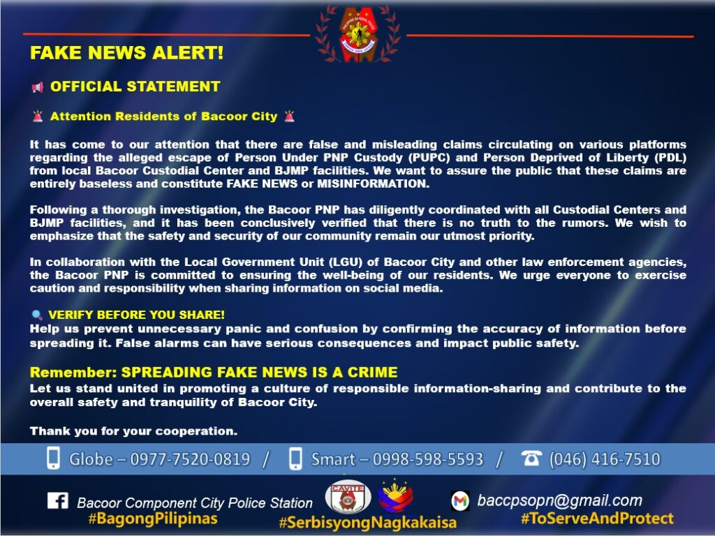 Official Statement from Bacoor Component City Police Station | Bacoor ...